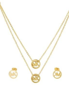 Michael Kors Gold Double-Layer Logo Necklace with Matching Studs